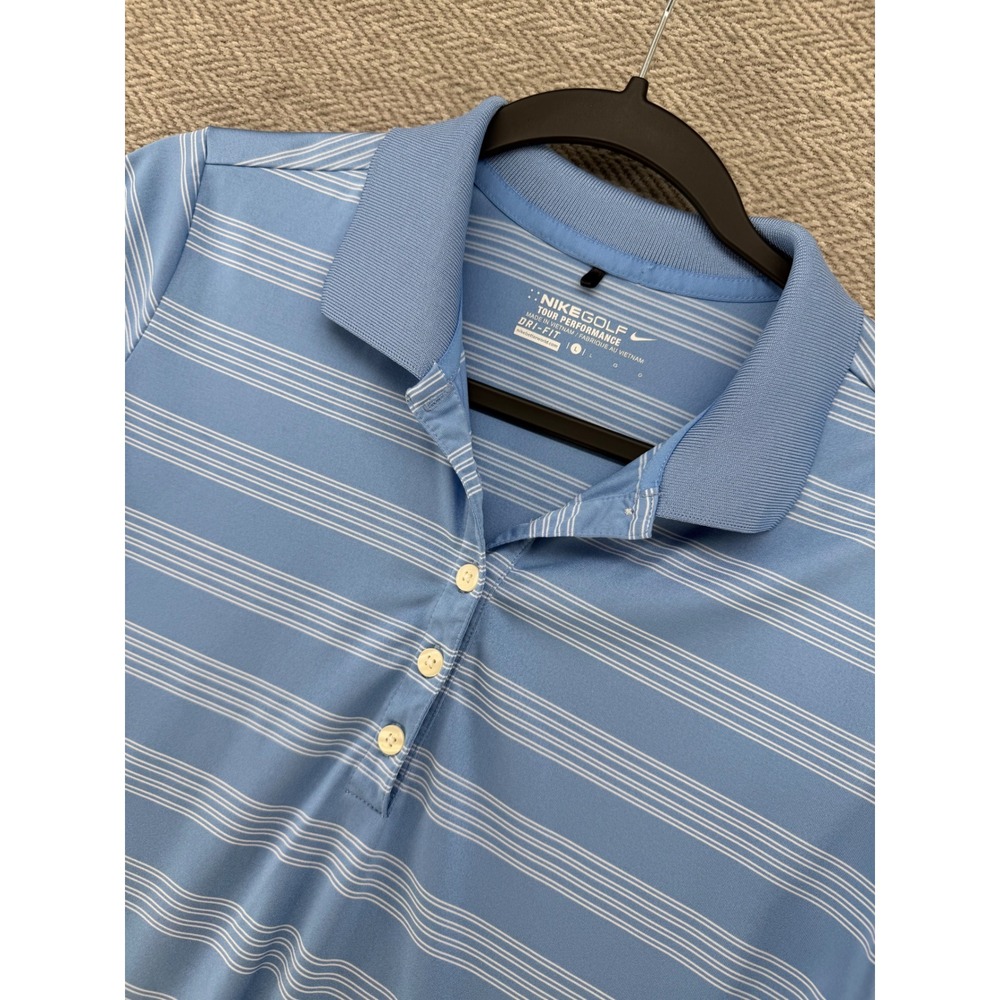 Nike Golf Polo Shirt Large Blue Polyester Dri-FIT Striped Short Sleeve Active
